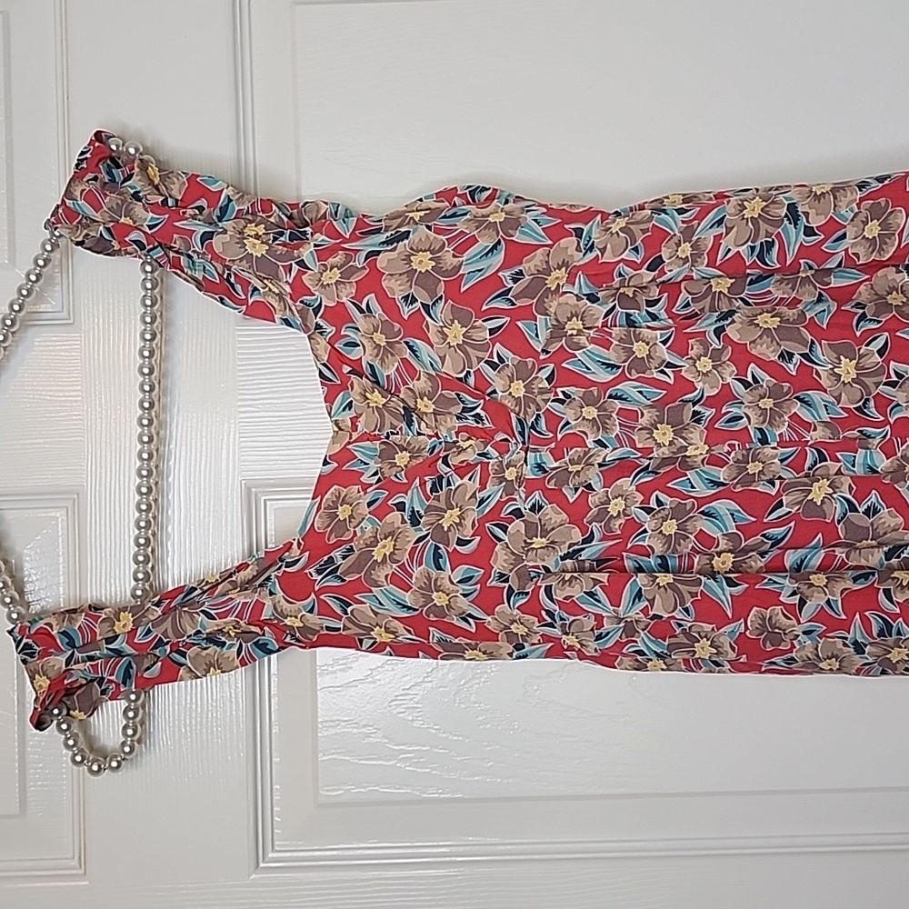 & Merci Floral Wide Ruffle Straps Flowy Wide Leg Pants Back Cutout Elastic Tie - Picture 5 of 15